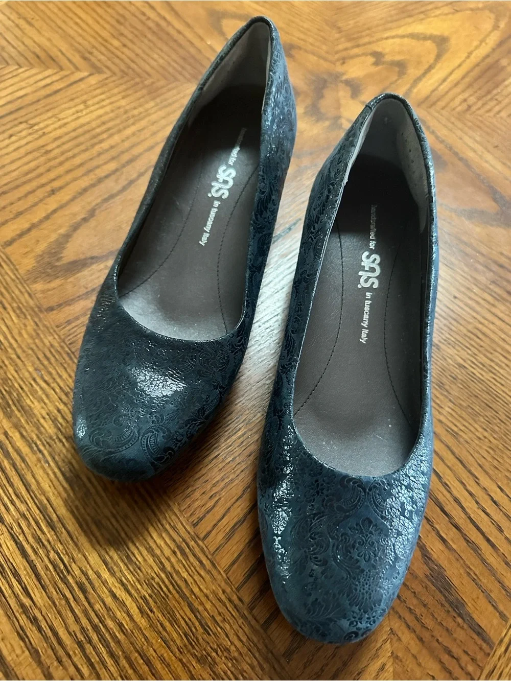 SAS Women’s Navy Embossed Leather Wedge Slip Ons